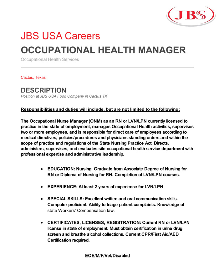 jbs occupational health manager